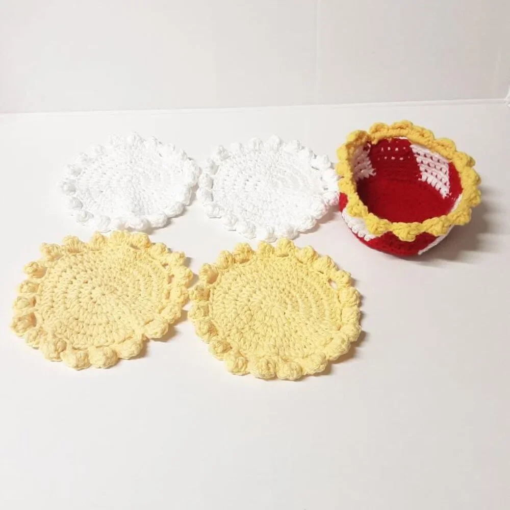 Handmade Crochet Popcorn Coaster Set with Red & White Striped Basket New - Picture 8 of 8